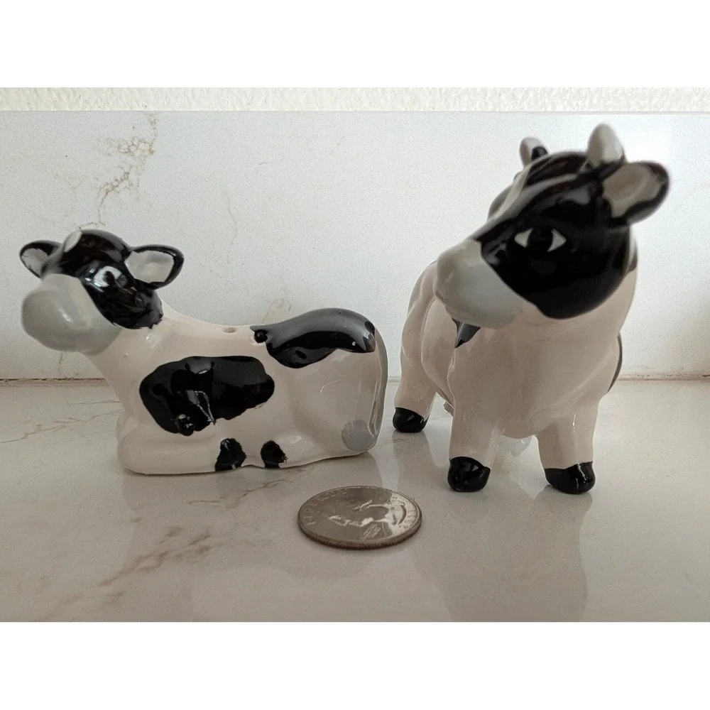 Vintage Ceramic Cow Salt and Pepper Shakers Set Black White Holstein Farmhouse